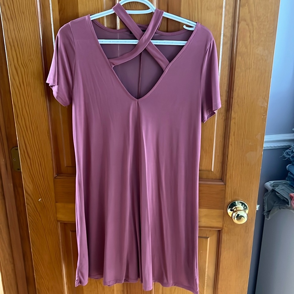 Rags II Riches T-Shirt Dress, Size M, Criss-Cross Front, Wine Pink Color